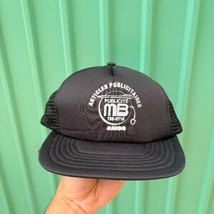 Vintage ARTICLE PUBLICITAIRES MB AMOS trucker hat black snapback quebec